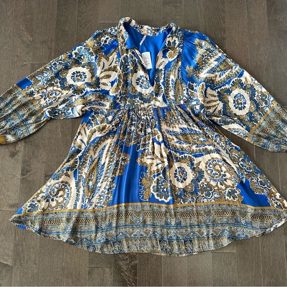 NWT Free People Say You Love Me Blue Gold Mini Dress Boho Babydoll Festival S - Picture 2 of 11